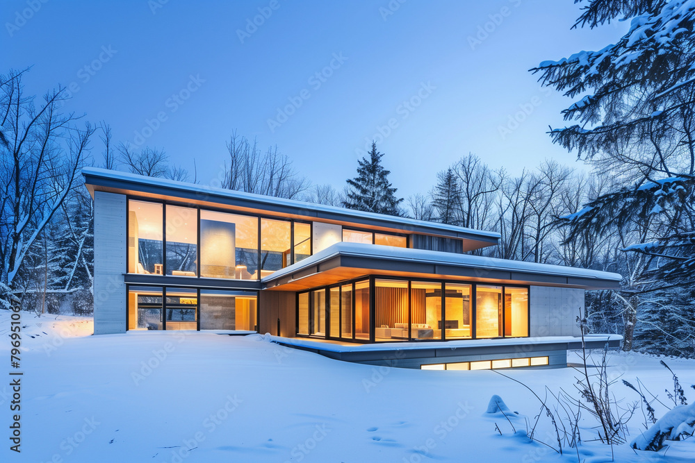 Modern house with warm interior lights surrounded by a snowy landscape at dusk