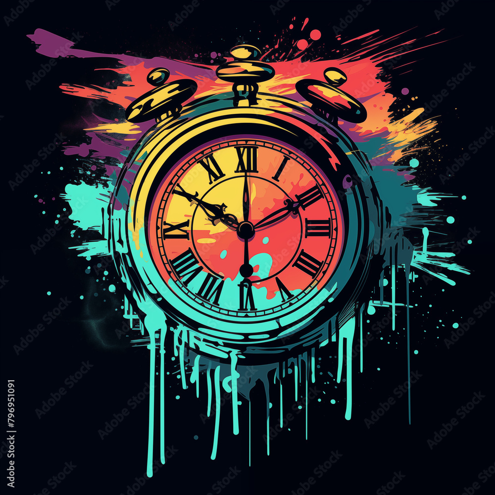 Clock Splatter Vector Abstract digital art of a melting clock with vibrant drips and ...