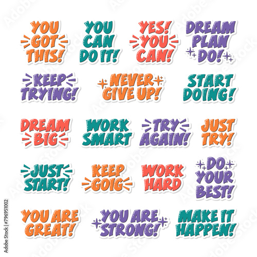 Motivational Quotes Sticker Set. Inspirational Short Phrases Collection. Try Again, Never Give Up, Do Your Best, Start Doing, You Are Great, Yes You Can, Work Hard Handwritten Slogans.