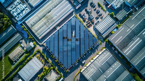 Top-down shot of an industrial estate with a large solar panel roof, showcasing sustainability