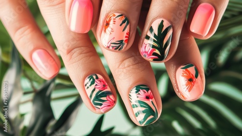 Artistic tropical floral nail art. Beauty and fashion concept for salons and manicure services. Creative nail design for summer style advertising