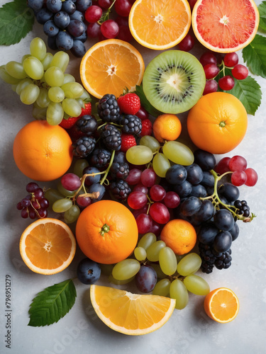 Colorful fruit banner with a variety of berries  oranges  and grapes.