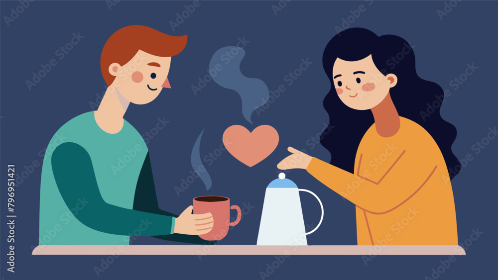A peaceful moment between friends one pouring steaming coffee while the other leans in for an intimate hearttoheart.. Vector illustration A peaceful moment between friends one pouring steaming coffee while the other leans in for an intimate hearttoheart.. Vector illustration
