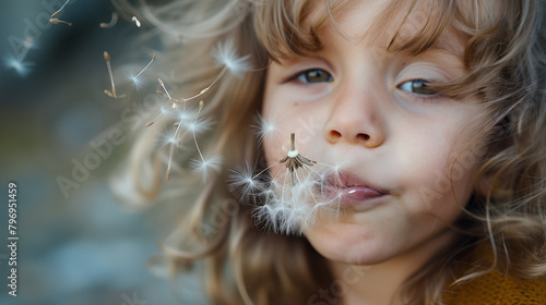a child blowing dandelion seeds into the wind  symbolizing the simplicity and joy found in the concept of freedom and the fleeting beauty of childhood. 