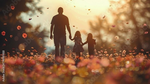 Man and Child Walking Through Forest at Sunset
