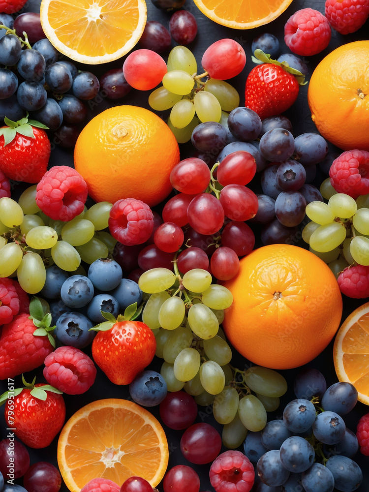 Colorful fruit banner with a variety of berries, oranges, and grapes.