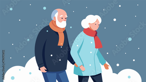An elderly couple takes a walk together reminiscing on their years of love and sacrifice while the snowflakes fall around them.. Vector illustration