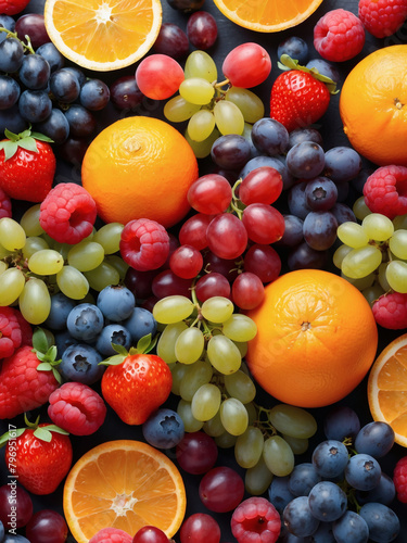 Colorful fruit banner with a variety of berries, oranges, and grapes.