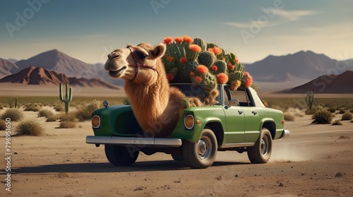 a camel character driving a cactus shaped cat isolated .Generative AI