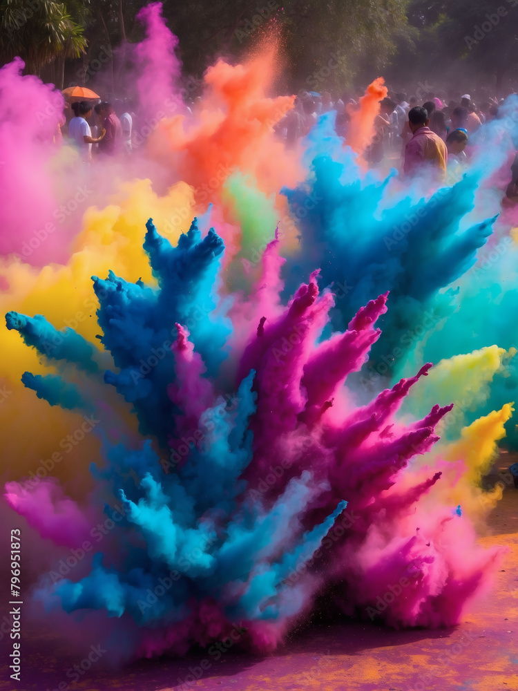Colorful holi powder exploding in the air, forming a mesmerizing display.