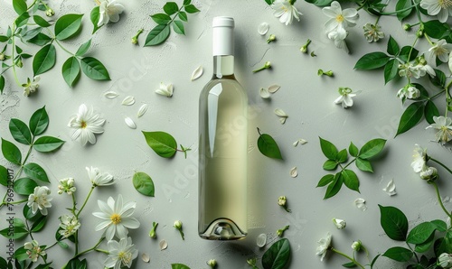 A white wine bottle around flowers