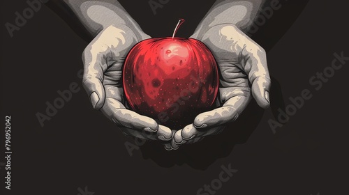 Forbidden Fruit , Tempting red apple held in shadowy hands, symbolizing lust