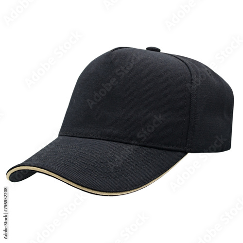 Black baseball cap with black patch for your logo. Mockup. A blank for the work of a designer. Isolate on a white background. Accessory for athletes, baseball players, bikers, rockers.