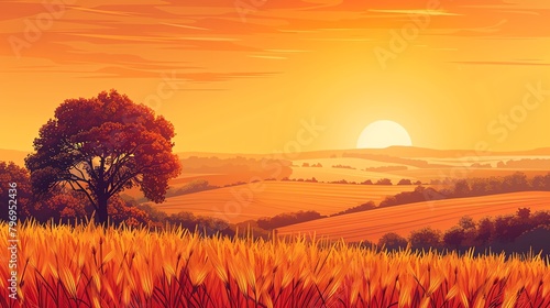 An oil painting of rolling hills in the countryside at sunset photo