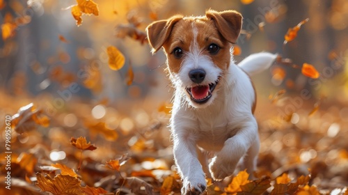 Brown and White Dog Running Through Leaves © olegganko