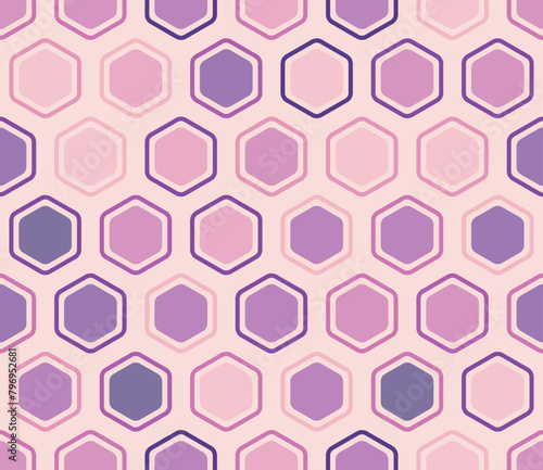 Abstract template background. Bold rounded hexagons mosaic cells with padding and inner solid cells. Large hexagon shapes. Multiple tones color palette. Seamless pattern. Tileable vector illustration.