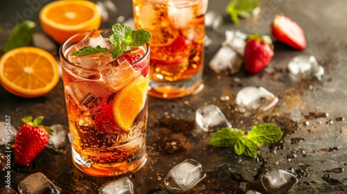 Iced tea cocktails with lemon slices and mint leaves on a dark wet surface with ice cubes and strawberries. Studio shot with bokeh