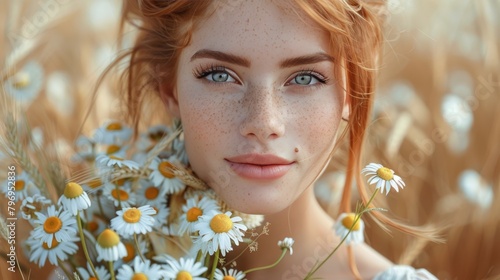 Woman With Red Hair Holding a Bouquet of Daisies