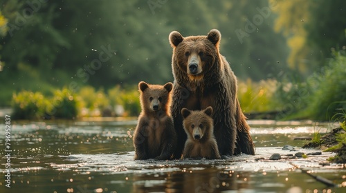 Protective Mother Bear and Cubs by Riverside, generative ai