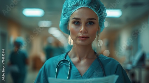 Woman in Scrubs and Stethoscope in Hospital Hallway