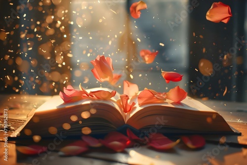 An open book with flowers table petals and light shining around. Concept Nature & Literature, Book Photography, Floral Design, Table Decor, Natural Light Settings