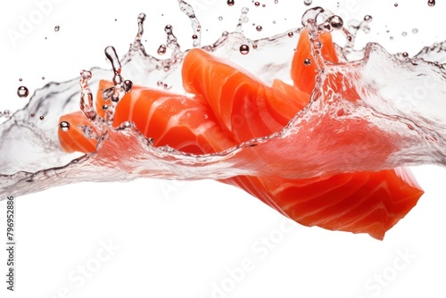 Photo of flying salmons sashimi seafood red white background