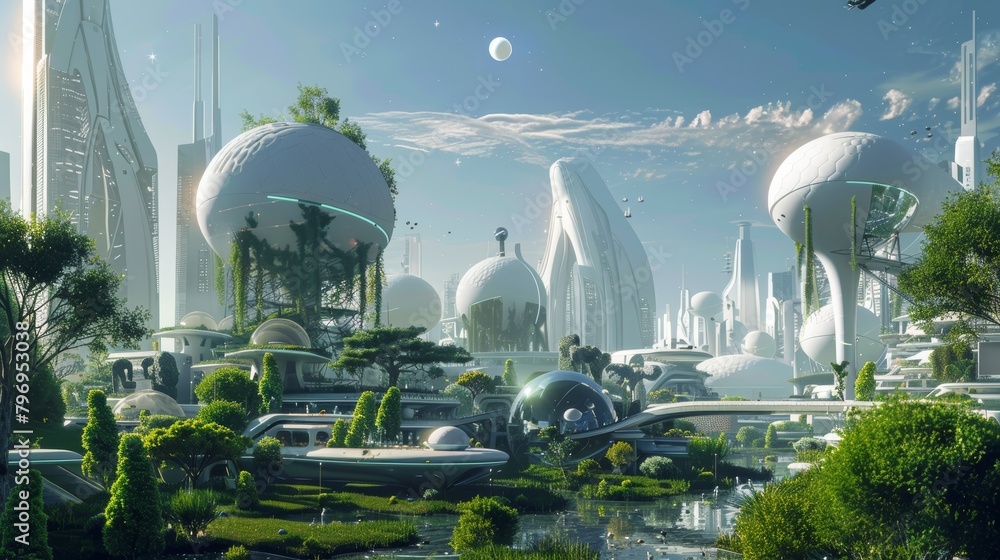 Artificial intelligence city with spherical structures and high-tech buildings in a garden environment. Future urban life and advanced technology concept