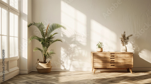 A large wooden dresser sits in a room with a large window. The room is empty and has a minimalist feel