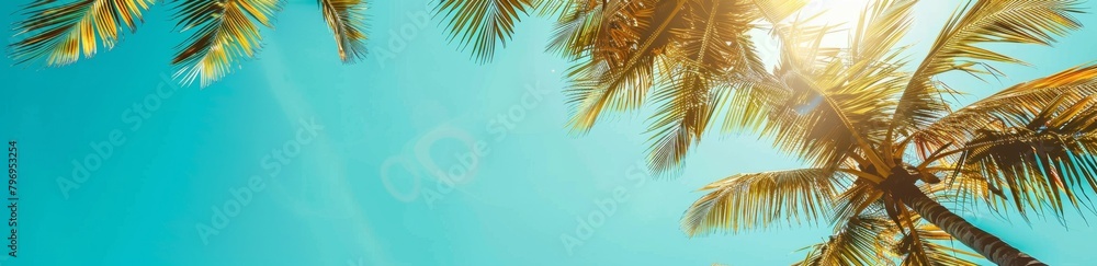 Fototapeta premium Palm trees against clear blue sky, banner with copy space area on the right side, sunlight, tropical summer background Generative AI