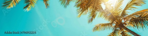Palm trees against clear blue sky  banner with copy space area on the right side  sunlight  tropical summer background Generative AI