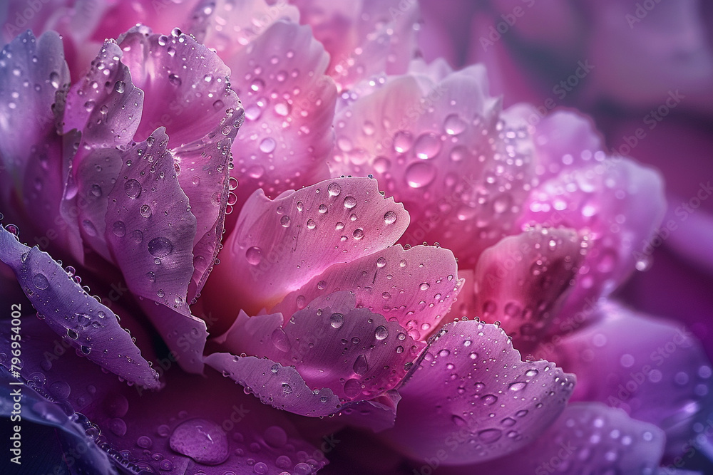 A close-up shot of a dew-covered pink peony, capturing its velvety petals in stunning detail.