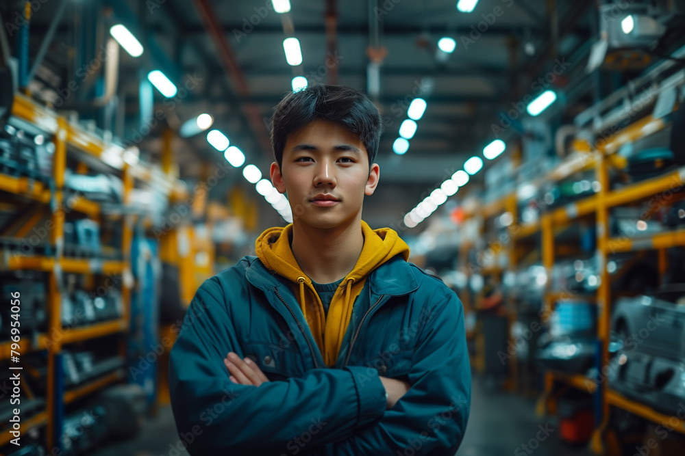 portrait of young asian man in blue jacket standing with arms crossed in warehouse portrait of young asian man in blue jacket standing with arms crossed in warehouse