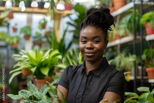 Portrait of Black female small business owner in plant retail store. Concept Portrait Photography, Small Business Owner, Black Female, Plant Retail Store, Lifestyle Portrait photo