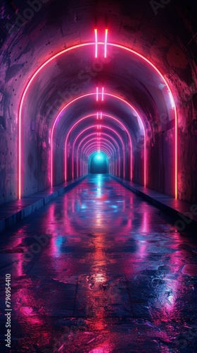 Illuminated Neon Lights in a Long Tunnel