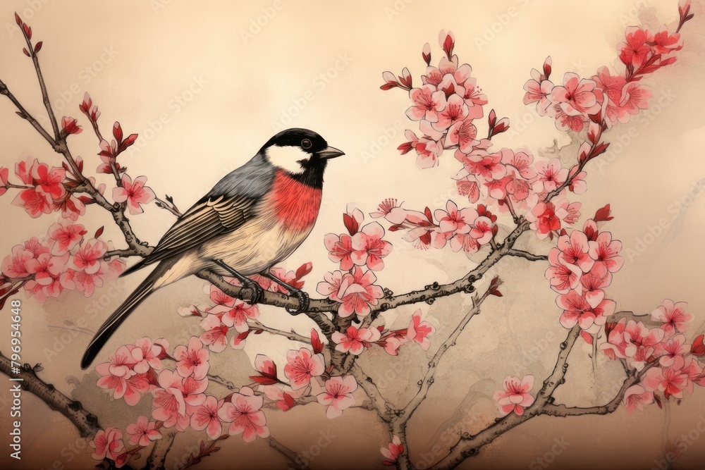 Obraz premium Ukiyo-e art bird cherry blossom outdoors nature flower