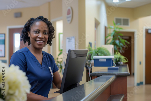 A nurse stationed at the reception desk in the waiting room, efficiently managing patient check-ins and appointments, with a welcoming smile and helpful demeanor, ensuring a smooth