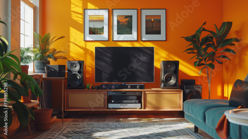 A wooden bedside table with a large TV and speakers against the background of an orange bright wall. Modern living room interior design. Design concept.
