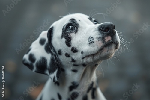 A cute Dalmatian pup with its signature black spots, looking up with bright, eager eyes 8K , high-resolution, ultra HD,up32K HD