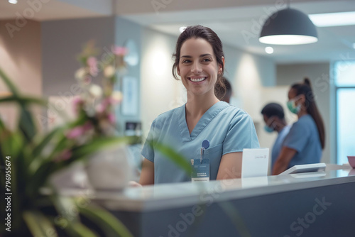 A nurse standing at the reception desk in the waiting room, warmly greeting patients as they enter, with a friendly smile and attentive demeanor, creating a welcoming atmosphere fo