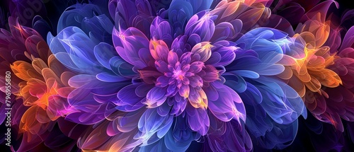 A vibrant computergenerated image featuring a colorful abstract pattern with hues of purple  violet  magenta  and electric blue The design includes petallike shapes  symmetry  and artistic flair  8K  