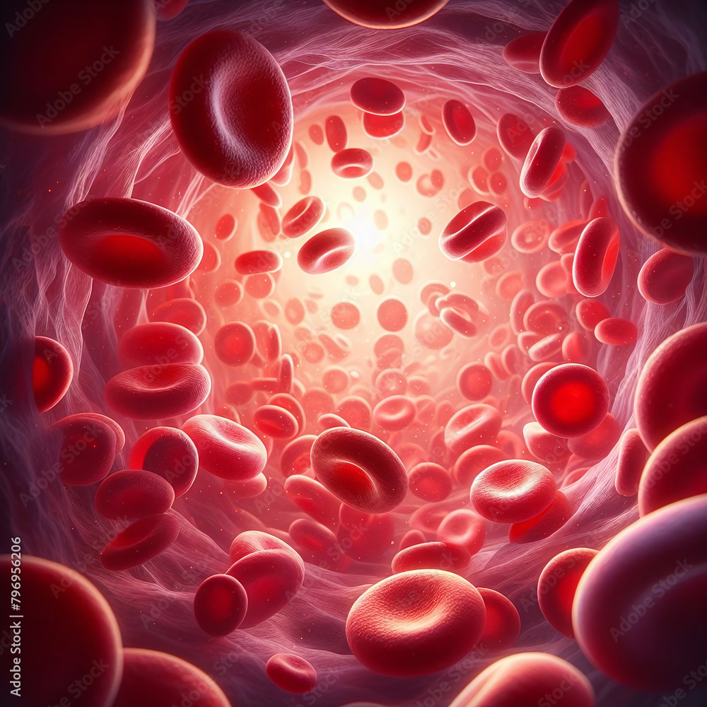 A precise 3D illustration depicts red blood cells flowing through a vein, ideal for medical and scientific applications, providing valuable insights into circulatory systems. A precise 3D illustration depicts red blood cells flowing through a vein, ideal for medical and scientific applications, providing valuable insights into circulatory systems.