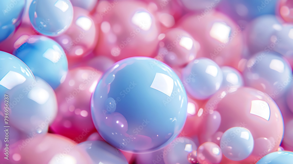 A lot of blue and pink glossy spheres of different sizes with highlights and shadow