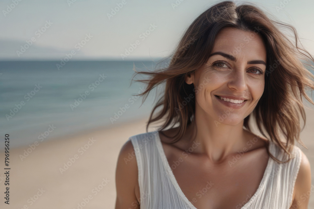 Portrait. Beautiful sexy brunette woman 35 years old on a tropical beach. Portrait of a happy young woman smiling at the camera.