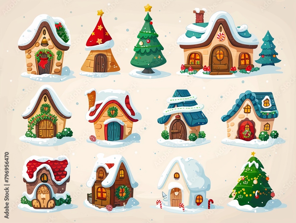 Celebrate the holidays with a cartoon Christmas icon pack, including charming Christmas houses to spread holiday cheer  8K , high-resolution, ultra HD,up32K HD