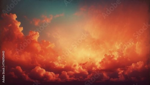 Ethereal sky and clouds with fiery orange and red gradient color and grunge texture.