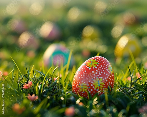 Colorful Easter eggs, freshly painted, scattered across a lush green meadow, basking under the warm sun 8K , high-resolution, ultra HD,up32K HD