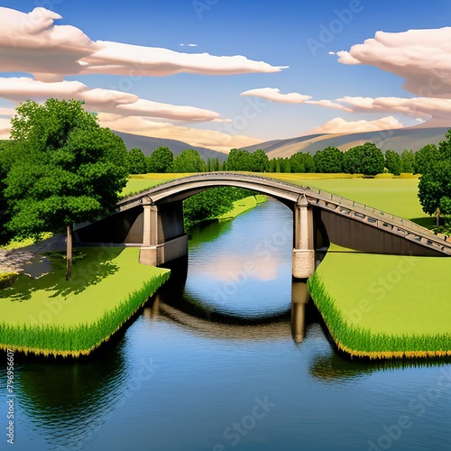 bascule bridge extending over a peaceful river, set against a backdrop of lush pastures