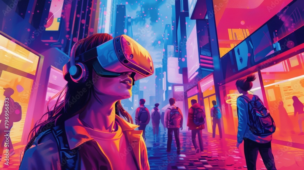 Person immersed in a vibrant virtual reality cityscape Person immersed in a vibrant virtual reality cityscape