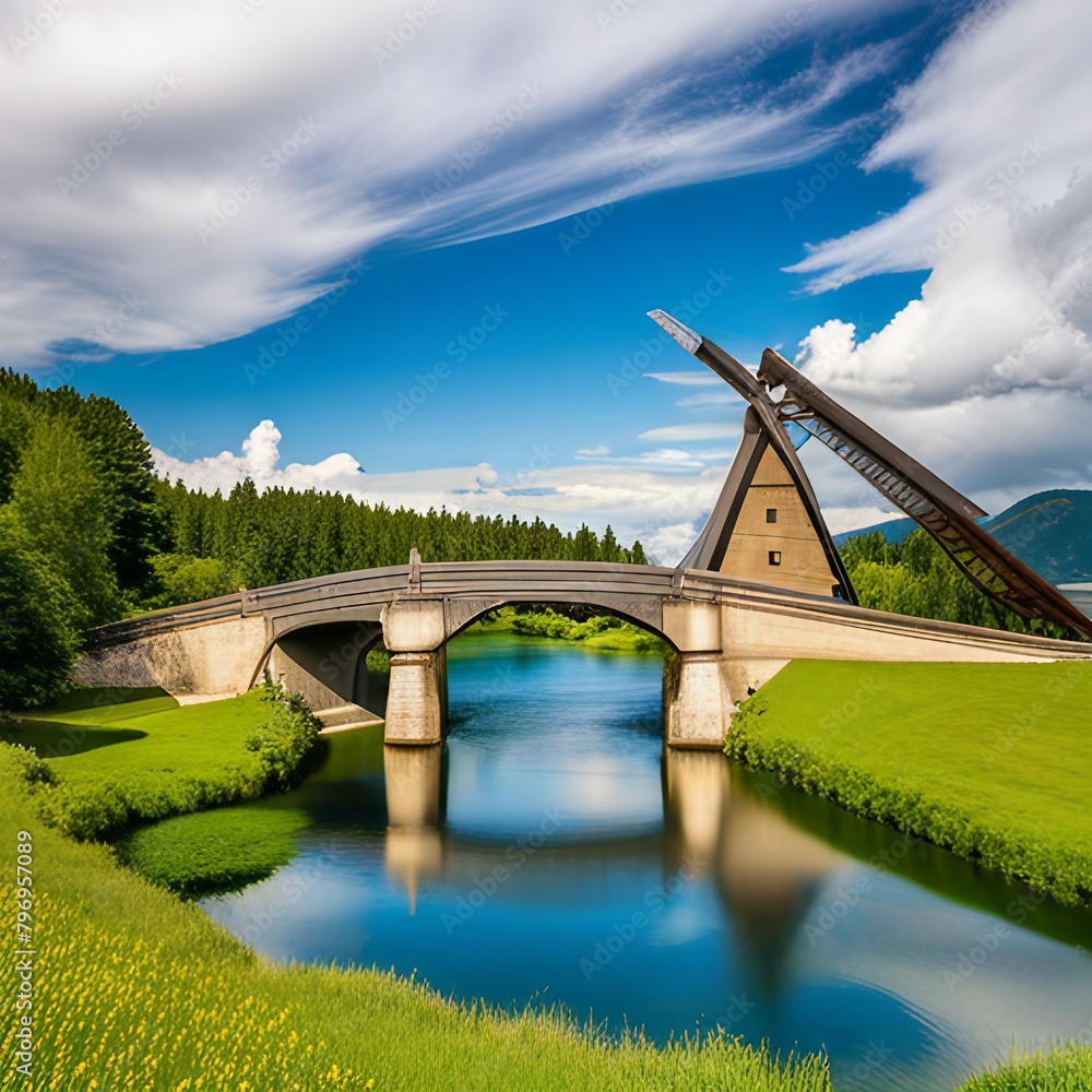 Fototapeta premium portrayal of a bascule bridge gracefully crossing a meandering river, enveloped by scenic pastures