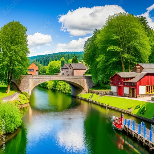 a bascule bridge extending over a peaceful river, set against a backdrop of lush pastures